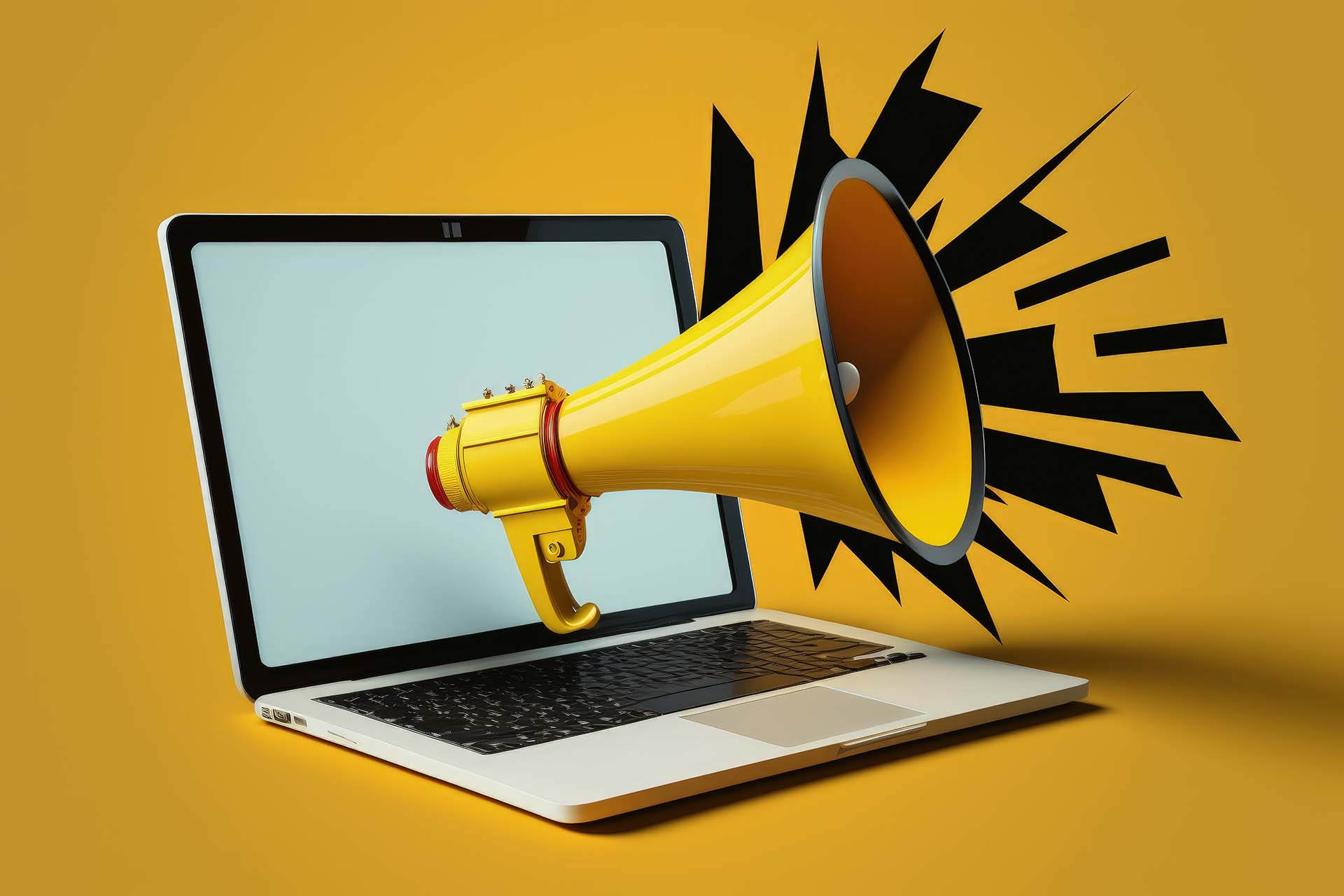 Creating Landing Pages that Convert - a graphic with a yellow background featuring a laptop and megaphone concept