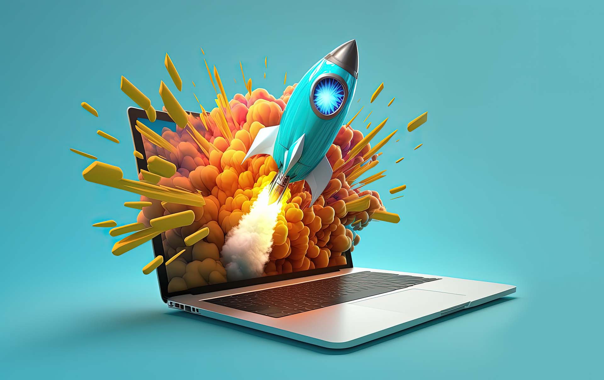 Creating Landing Pages that Convert - a rocket ship exploding out from a laptop