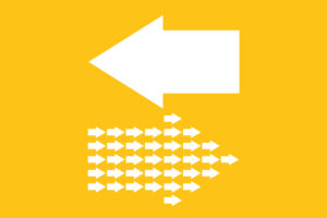 In Defence of Unfashionable Marketing Tools this image has a bright yellow background, above is a large arrow going one way and below is a lot of smaller arrows making up a larger one going another way a concept for The Lat Hurdle not following the herd