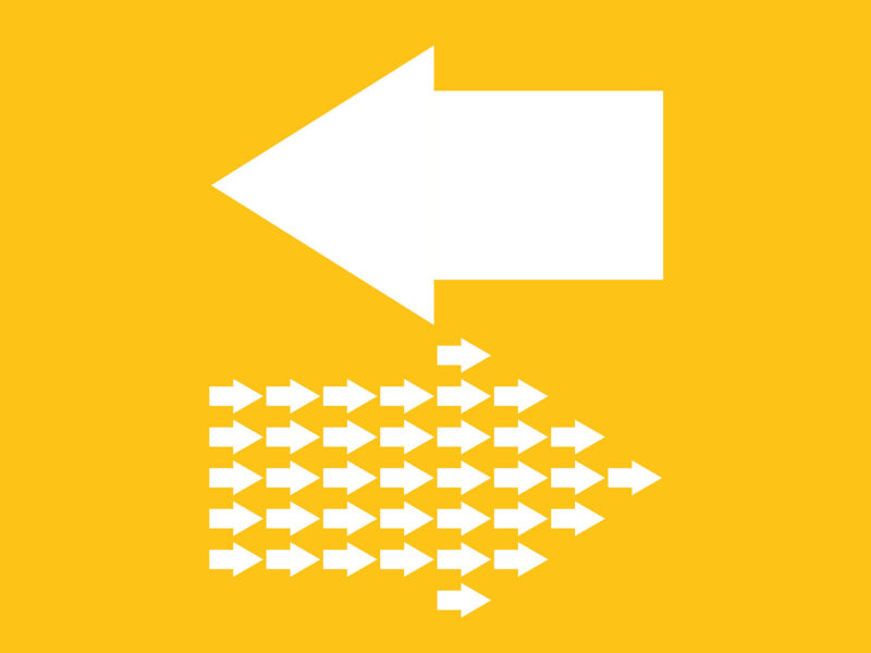 In Defence of Unfashionable Marketing Tools this image has a bright yellow background, above is a large arrow going one way and below is a lot of smaller arrows making up a larger one going another way a concept for The Lat Hurdle not following the herd
