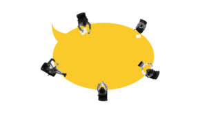 What Website Health Scores Can’t Tell You this image shows a large yellow thought bubble with black and white office people sat around it