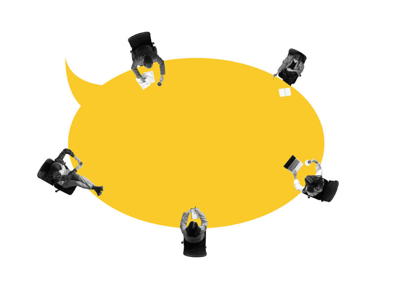 What Website Health Scores Can’t Tell You this image shows a large yellow thought bubble with black and white office people sat around it